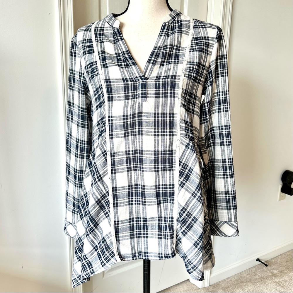 ODDY Asymmetrical Plaid Cotton Lace Yoke V-Neck Blouse SZ. Small